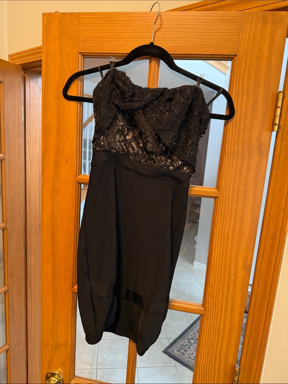 bebe Black Strapless Lace Cocktail Dress